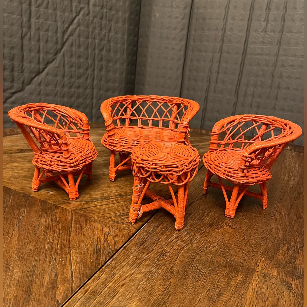 Vintage doll furniture set, 1970s. Two chairs, table, love seat. Orange wicker.